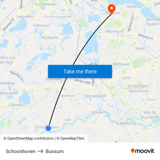 Schoonhoven to Bussum map