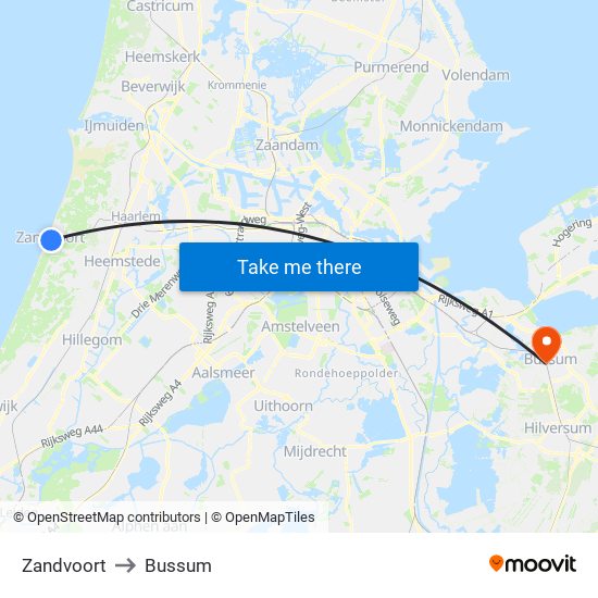 Zandvoort to Bussum map