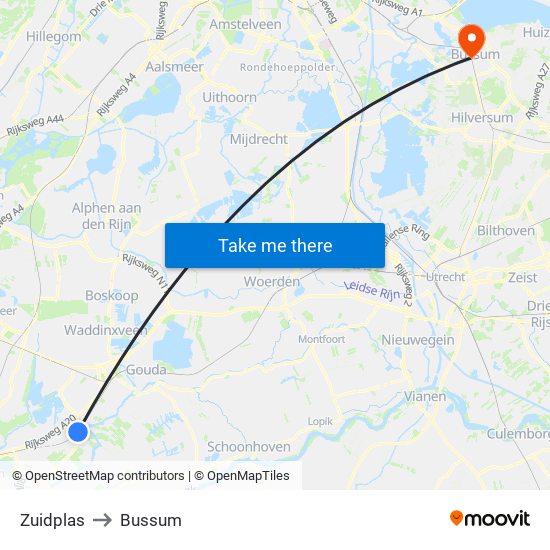 Zuidplas to Bussum map