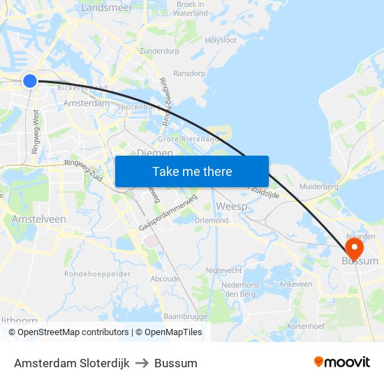 Amsterdam Sloterdijk to Bussum map