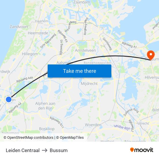 Leiden Centraal to Bussum map