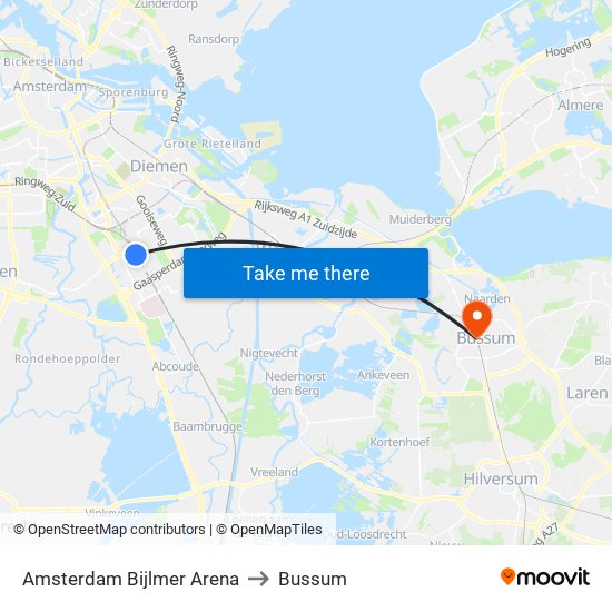 Amsterdam Bijlmer Arena to Bussum map