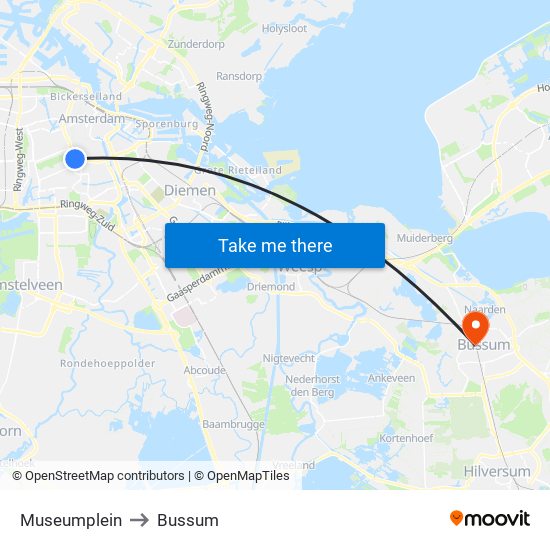 Museumplein to Bussum map