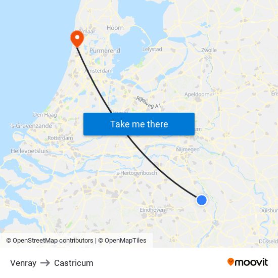 Venray to Castricum map