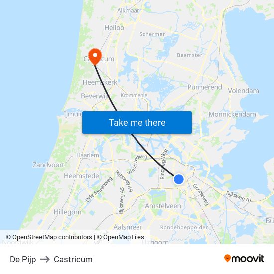 De Pijp to Castricum map