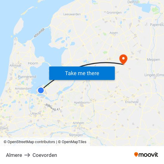 Almere to Coevorden map