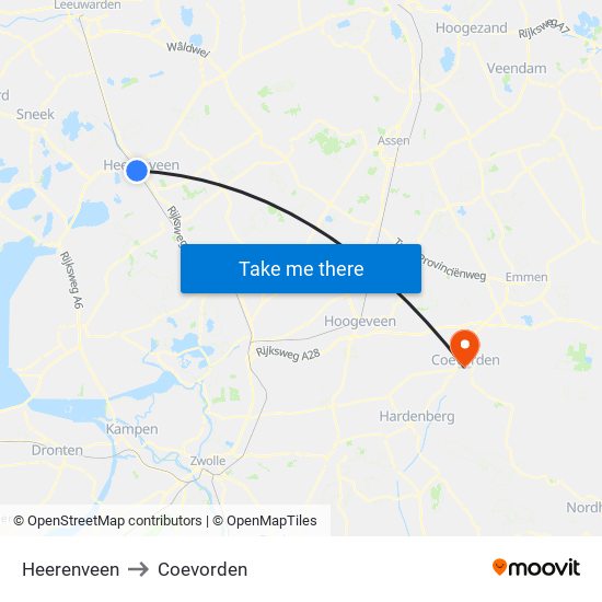 Heerenveen to Coevorden map