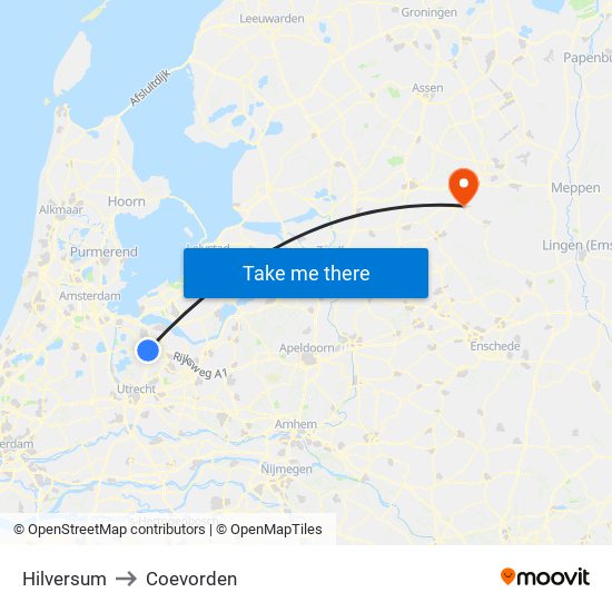 Hilversum to Coevorden map