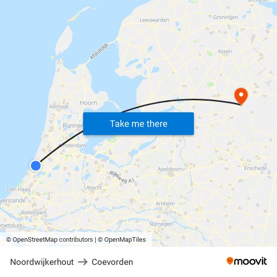 Noordwijkerhout to Coevorden map