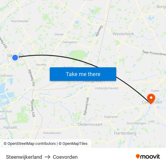 Steenwijkerland to Coevorden map