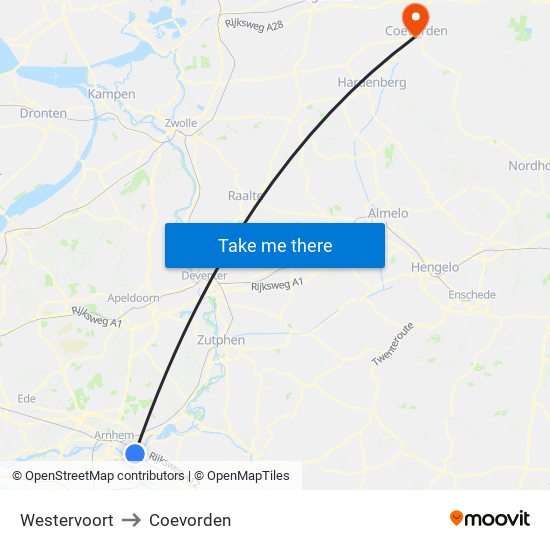 Westervoort to Coevorden map