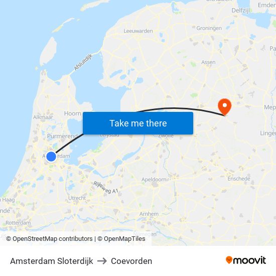 Amsterdam Sloterdijk to Coevorden map