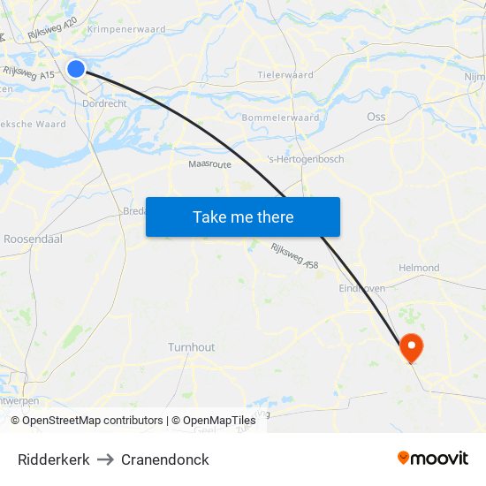 Ridderkerk to Cranendonck map