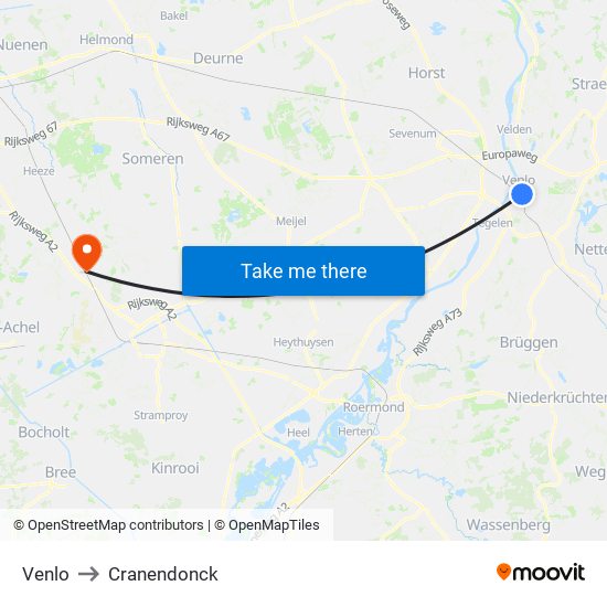 Venlo to Cranendonck map