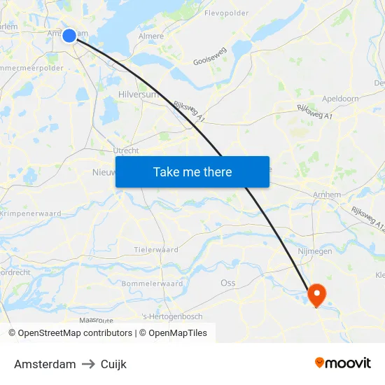 Amsterdam to Cuijk map