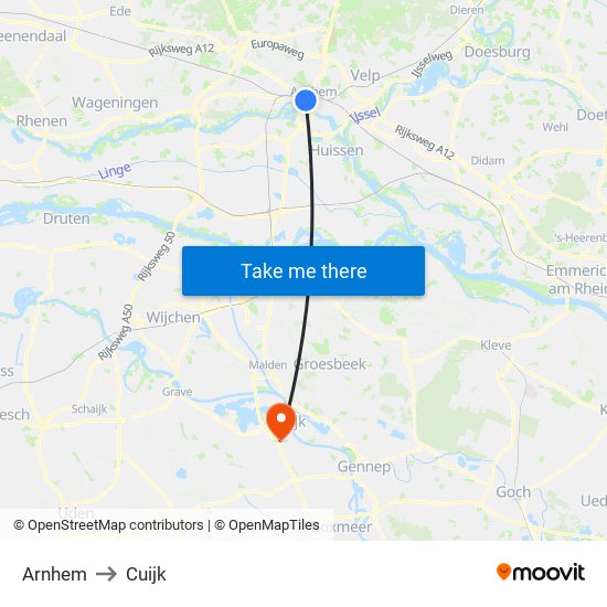 Arnhem to Cuijk map