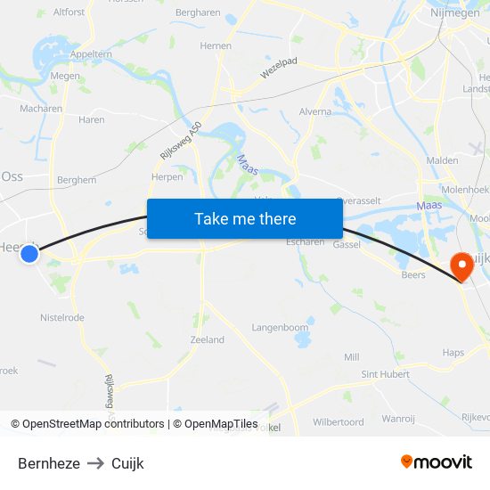 Bernheze to Cuijk map