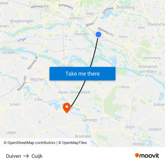 Duiven to Cuijk map