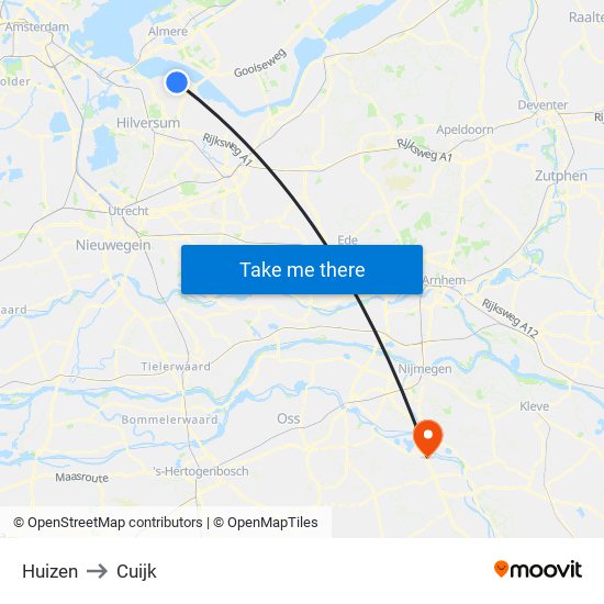 Huizen to Cuijk map