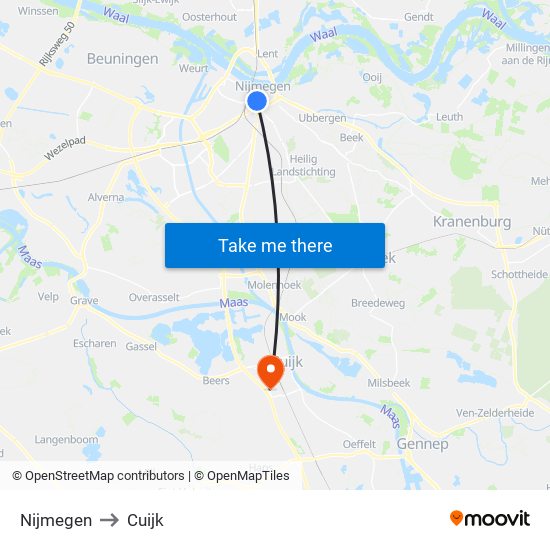 Nijmegen to Cuijk map