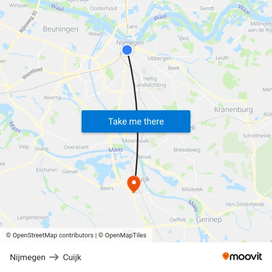 Nijmegen to Cuijk map