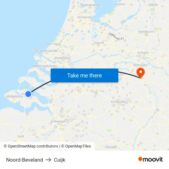 Noord-Beveland to Cuijk map