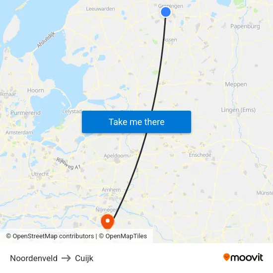 Noordenveld to Cuijk map