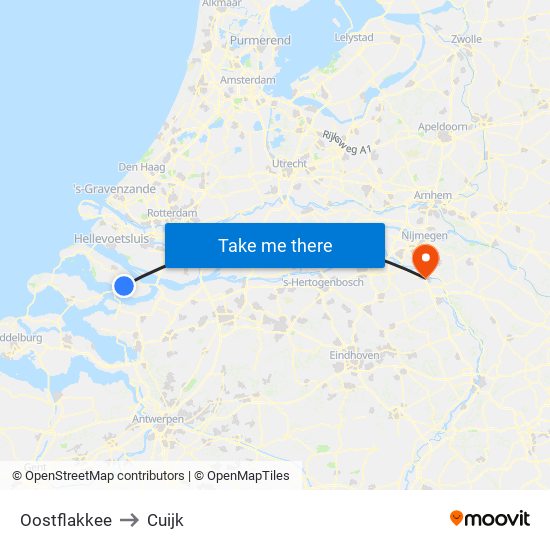 Oostflakkee to Cuijk map