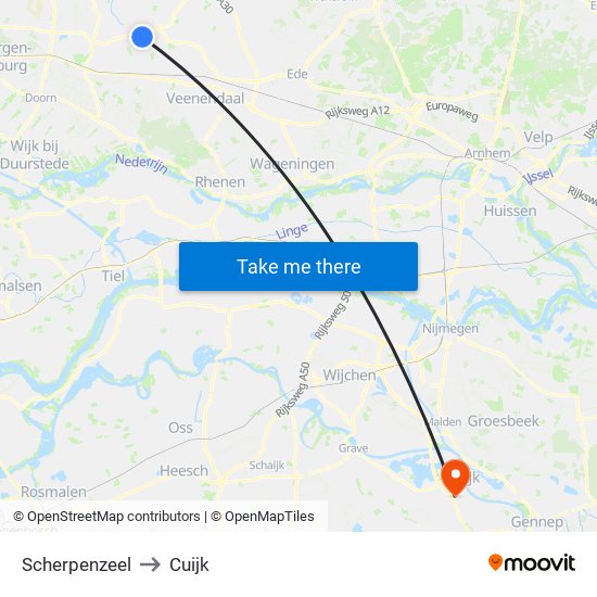 Scherpenzeel to Cuijk map