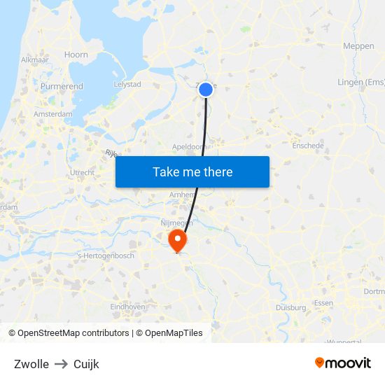 Zwolle to Cuijk map