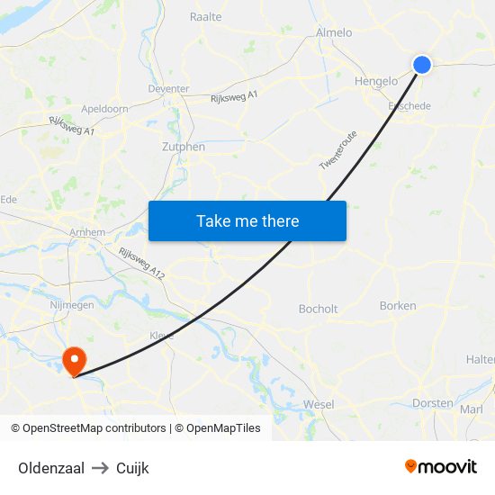 Oldenzaal to Cuijk map