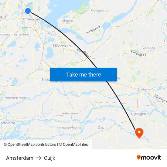Amsterdam to Cuijk map