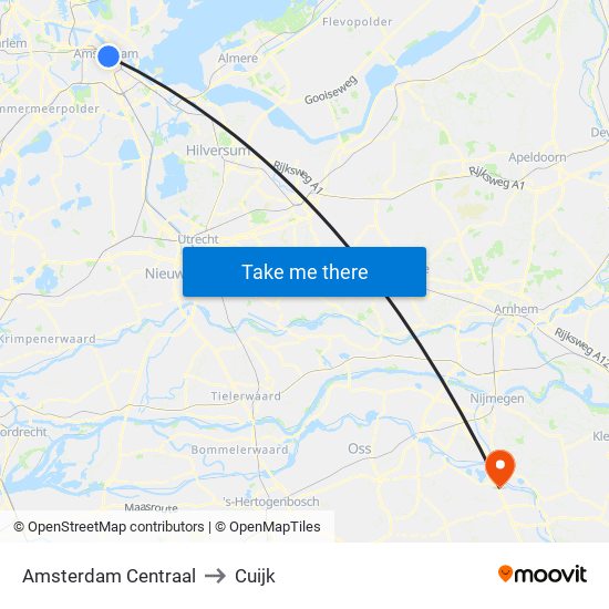 Amsterdam Centraal to Cuijk map