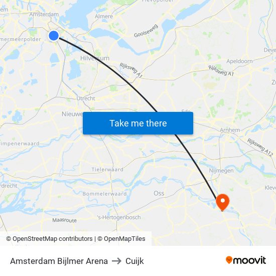 Amsterdam Bijlmer Arena to Cuijk map