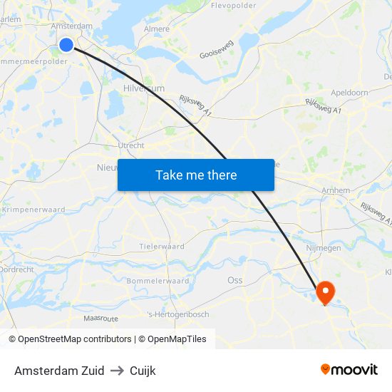Amsterdam Zuid to Cuijk map