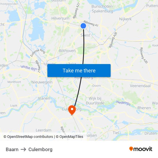 Baarn to Culemborg map