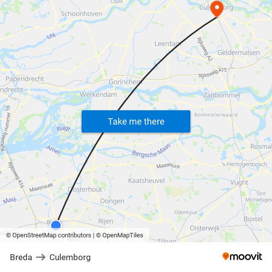 Breda to Culemborg map