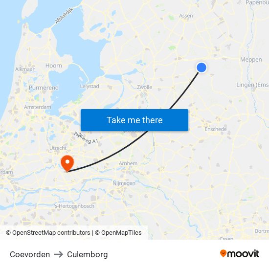 Coevorden to Culemborg map