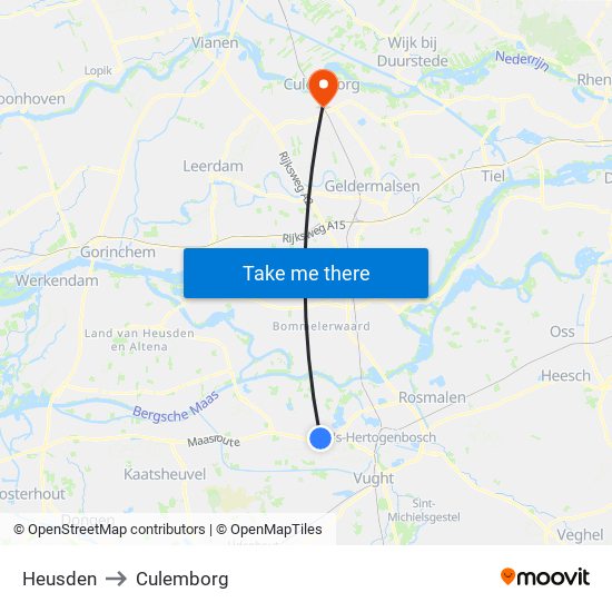Heusden to Culemborg map