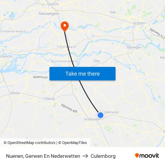 Nuenen, Gerwen En Nederwetten to Culemborg map