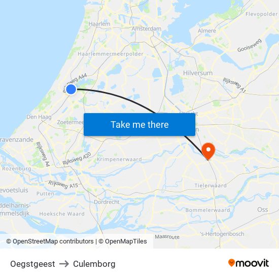 Oegstgeest to Culemborg map