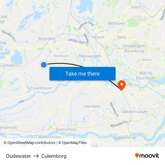 Oudewater to Culemborg map