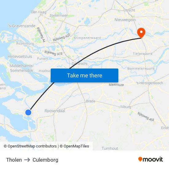 Tholen to Culemborg map