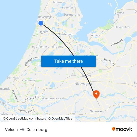 Velsen to Culemborg map