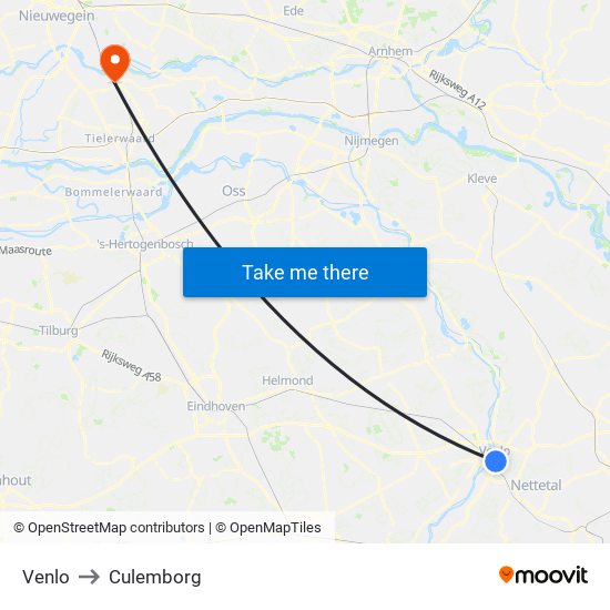 Venlo to Culemborg map