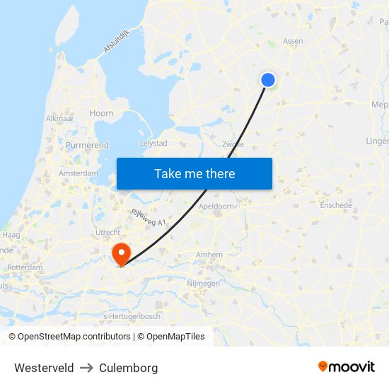 Westerveld to Culemborg map