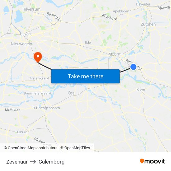 Zevenaar to Culemborg map