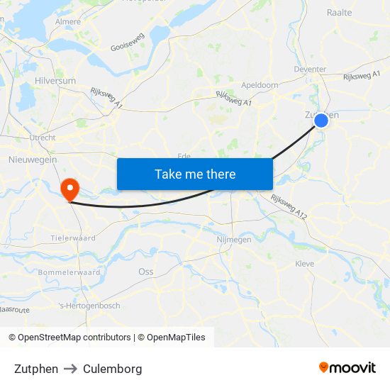 Zutphen to Culemborg map