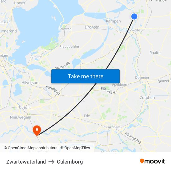 Zwartewaterland to Culemborg map