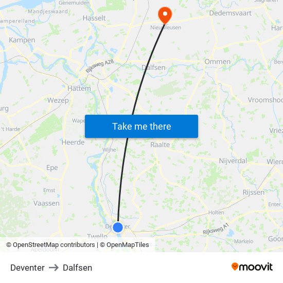 Deventer to Dalfsen map